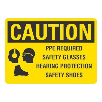 Lavex 10" x 7" Non-Reflective Aluminum "Caution / PPE Required / Safety Glasses / Hearing Protection / Safety Shoes" Safety Sign