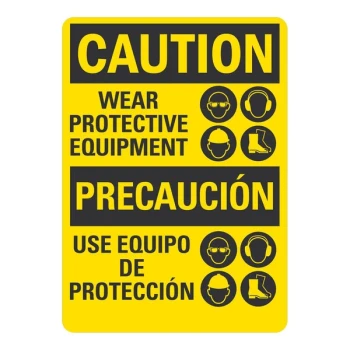 Lavex 14" x 10" Non-Reflective Plastic "Caution / Wear Protective Equipment / Precaucion / Use Equipo De Proteccion" Bilingual Safety Sign With Symbols