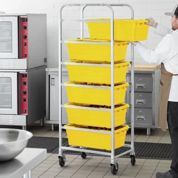 Regency Mobile Aluminum Lug Rack - 6 Lug Capacity - with Yellow Meat Lugs / Tote Boxes - Unassembled