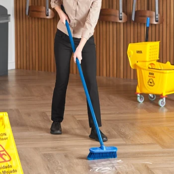 Lavex Flo-Thru 10" Floor / Vehicle Scrub Brush with Blue 60" Metal Handle