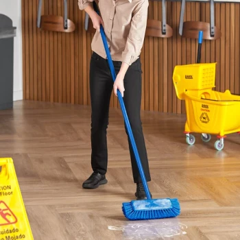 Lavex 14" Blue Bi-Level Floor / Wall Scrub Brush with End Bristles and Blue 60" Metal Handle