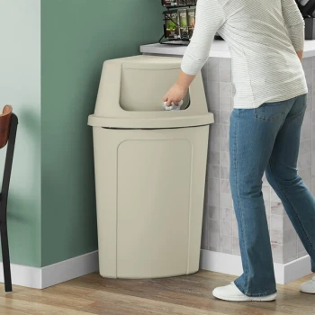 Lavex 21 Gallon Beige Corner Round Trash Can with Beige Push Door Lid