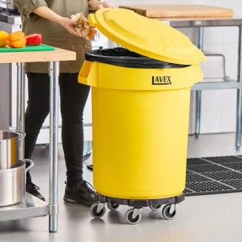 Lavex 32 Gallon Yellow Round Commercial Trash Can with Lid and Dolly