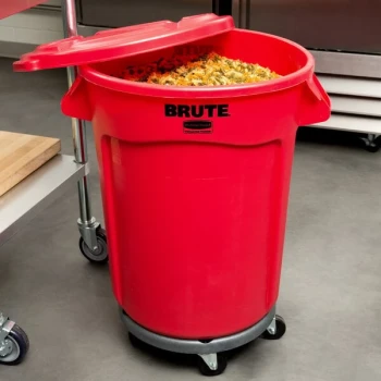 Rubbermaid® BRUTE 32 Gallon Red Round Trash Can with Lid and Dolly