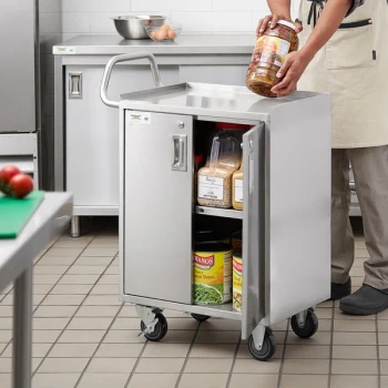 Regency 16" x 24" Three Shelf 18-Gauge 304 Stainless Steel Utility Cart with Enclosed Base and Locking Doors