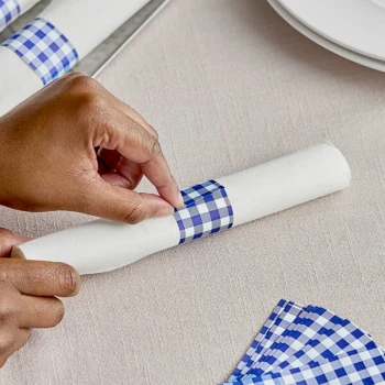 Choice Blue Gingham Self-Adhering Paper Napkin Band - 20,000/Case