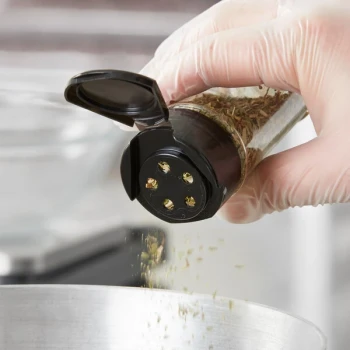 43/485 Black Flip and Sift Heat Induction-Lined Spice Lid with 5 Holes - 1,400/Case