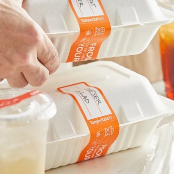 Choice TamperSafe 1 1/2" x 6" From Our Kitchen To Yours Orange Paper Tamper-Evident Label - 250/Roll