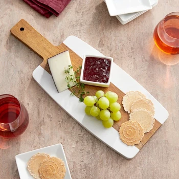 Acopa 11 1/2" x 6" Acacia Wood and Marble Serving Board with 4 1/2" Handle