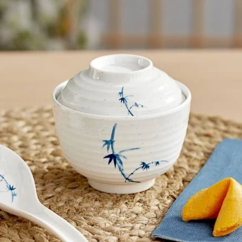 Acopa Biru 9 oz. Round Melamine Miso Bowl with Lid - 12/Case