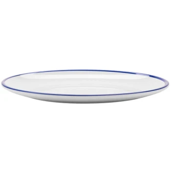 GET OP-960-W/CB Settlement Bistro 9" White with Cobalt Blue Trim Enamelware Small Oval Melamine Dinner Coupe Plate - 24/Case