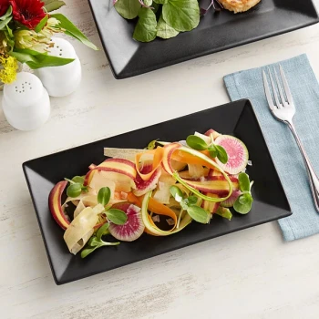 Acopa 10" x 5 1/2" Matte Black Rectangular Stoneware Platter - 24/Case