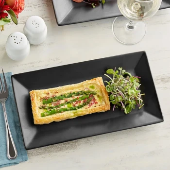 Acopa 11 1/2" x 6 1/4" Matte Black Rectangular Stoneware Platter - 12/Case