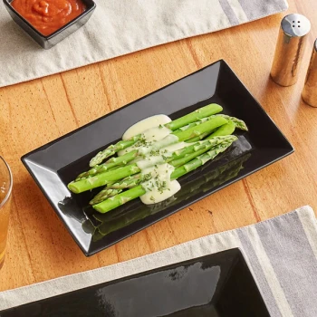 Acopa 10" x 5 1/2" Glossy Black Rectangular Stoneware Platter - 24/Case