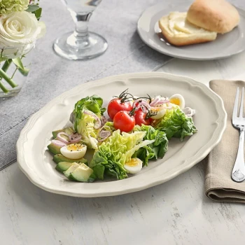 Acopa Condesa 11 1/2" x 8 1/4" Warm Gray Scalloped Wide Rim Porcelain Platter - 12/Case