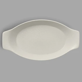 RAK Porcelain Neo Fusion 7 7/8" x 4 5/16" Sand White Porcelain Oval Dish with Handles - 12/Case