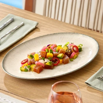 Acopa Cape 11 1/8" x 7 3/4" Oval Abyss Gray Porcelain Platter - 12/Case