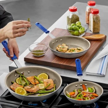 Vollrath Wear-Ever 3-Piece Aluminum Non-Stick Fry Pan Set with PowerCoat2 Coating and Blue Cool Handles - 8", 10", and 12" Frying Pans