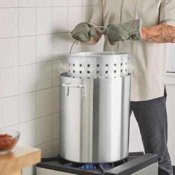 Choice 60 Qt. Standard Weight Aluminum Stock Pot with Steamer Basket and Cover