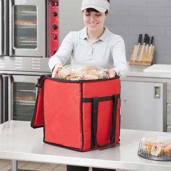 Choice Customizable Insulated Food Delivery Bag Red Nylon 13" x 13" x 16" - Holds (6) 2 1/2" Deep 1/2 Size Pans or (18) 2 Qt. Container