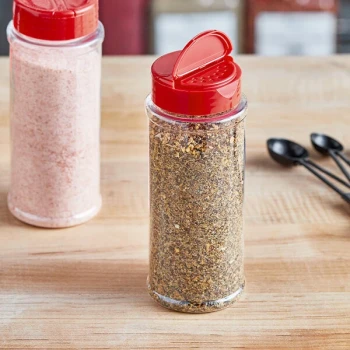 12 oz. Round Plastic Spice Container and 53/485 Red Induction-Lined Dual Flapper Lid with 13 Holes - 170/Case