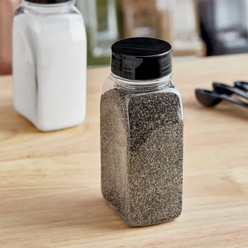 16 oz. Rectangular Plastic Spice Container and 53/485 Black Induction-Lined Dual Flapper Lid with 7 Holes - 140/Case