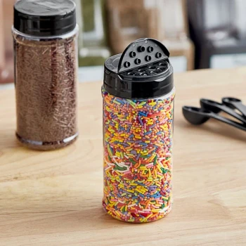16 oz. Round Plastic Spice Container and 63/485 Black Unlined Dual Flapper Lid with 7 Holes - 192/Case