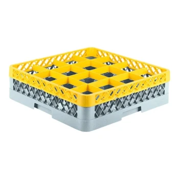 Noble Warewashing 16-Compartment Gray Full-Size Glass Rack with 1 Yellow Extender