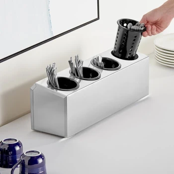 Choice Four Hole Stainless Steel Flatware Organizer with Black Perforated Plastic Cylinders