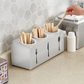 ServSense Three Hole Stainless Steel Flatware Organizer with Flatware Silhouettes and White Perforated Plastic Cylinders