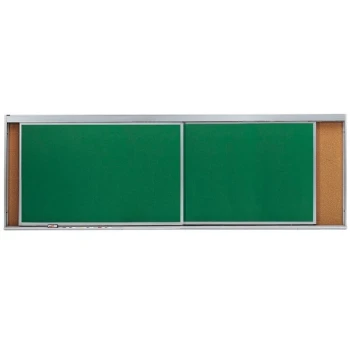Aarco HSU412-2C 48" x 144" Stationary Cork Board With 2 Horizontal Sliding Chalk Boards