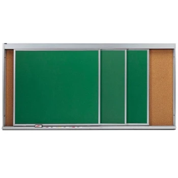 Aarco HSU48-3C 48" x 96" Stationary Cork Board With 3 Horizontal Sliding Chalk Boards
