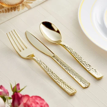 Visions Hammersmith 3-Piece Extra Heavy Weight Gold Plastic Cutlery Set - 25/Pack
