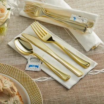Visions Classic Individually Wrapped Extra Heavy Weight Gold Polystyrene Plastic Cutlery Set with Napkin and Salt and Pepper Packets - 100/Case