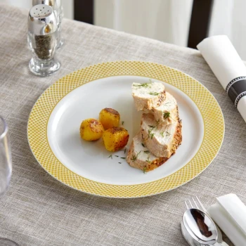 Visions Lattice 10" Bone / Ivory Plastic Plate with Gold Lattice Design - 120/Case