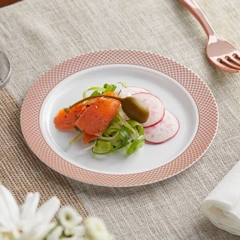 Visions 6" White Plastic Plate with Rose Gold / Copper Lattice Design - 150/Case