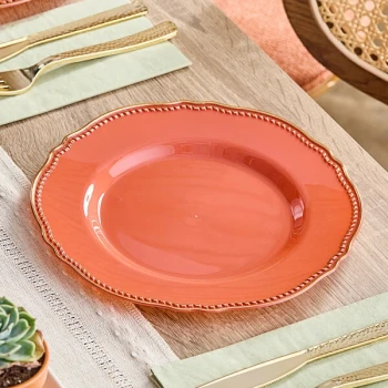Visions Heirloom 9" Terra Cotta Round Plastic Plate with Gold Vintage Rim - 120/Case