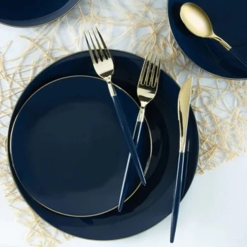 Posh Setting Organic 7 1/4" Navy Round Plastic Plate with Gold Band - 120/Case