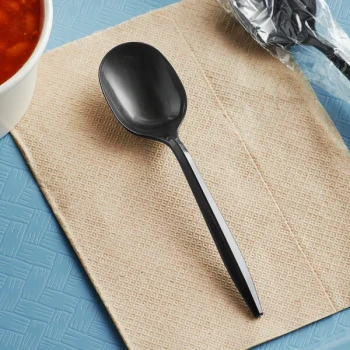 Remcoda 5 1/2" Individually Wrapped Medium Weight Black Plastic Soup Spoon - 1,000/Case