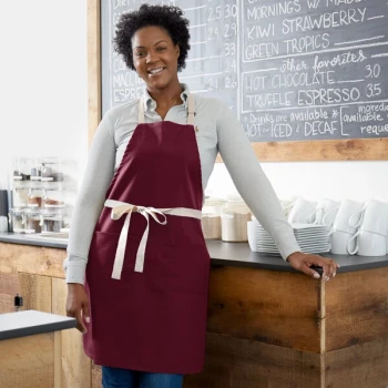 Choice Burgundy Poly-Cotton Adjustable Bib Apron with 2 Pockets and Natural Webbing Accents - 32" x 30"