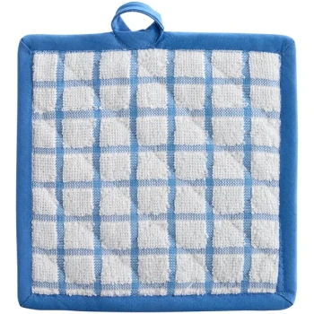 Oxford Kitchen Ensemble 7 1/2" x 7 1/2" White / Blue Windowpane 100% Ringspun Cotton Pot Holder - 288/Case