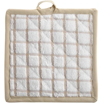 Oxford Kitchen Ensemble 7 1/2" x 7 1/2" White / Tan Windowpane 100% Ringspun Cotton Pot Holder - 288/Case