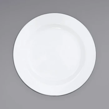 Crow Canyon Home V20GRY Vintage 10 1/4" White Wide Rim Enamelware Footed Plate with Gray Rolled Rim