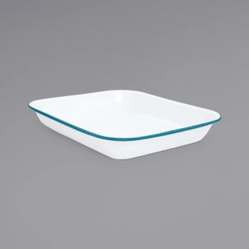 Crow Canyon Home V34TUR Vintage 3 Qt. White Enamelware Roasting Pan with Turquoise Rolled Rim