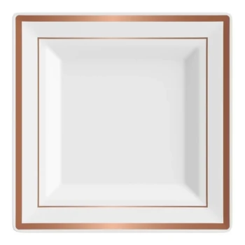 Visions 8" Square White Plastic Plate with Rose Gold / Copper Bands - 120/Case