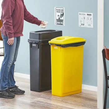 Lavex 46 Gallon 2-Stream Slim Rectangular Recycle Station with Black Drop Shot and Yellow Bottle / Can Lids