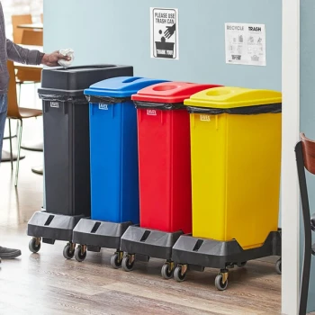 Lavex 92 Gallon 4-Stream Slim Rectangular Mobile Recycle Station with Black Drop Shot, Blue Paper Slot, Red Bottle / Can, and Yellow Bottle / Can Lids
