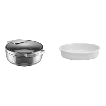 WMF Manhattan from BauscherHepp 3.3 Qt. 1/2 Size Round Stainless Steel Induction Chafing Dish and (3) Porcelain Inserts