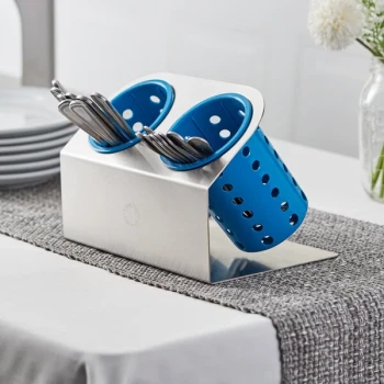 Steril-Sil Cantilever 2-Cylinder Stainless Steel Flatware Organizer with Blue Perforated Plastic Cylinders