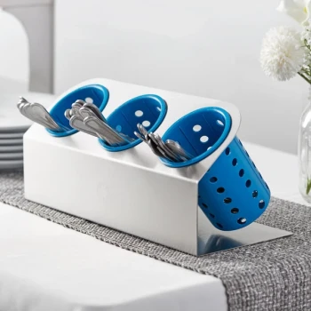 Steril-Sil Cantilever 3-Cylinder Stainless Steel Flatware Organizer with Blue Perforated Plastic Cylinders